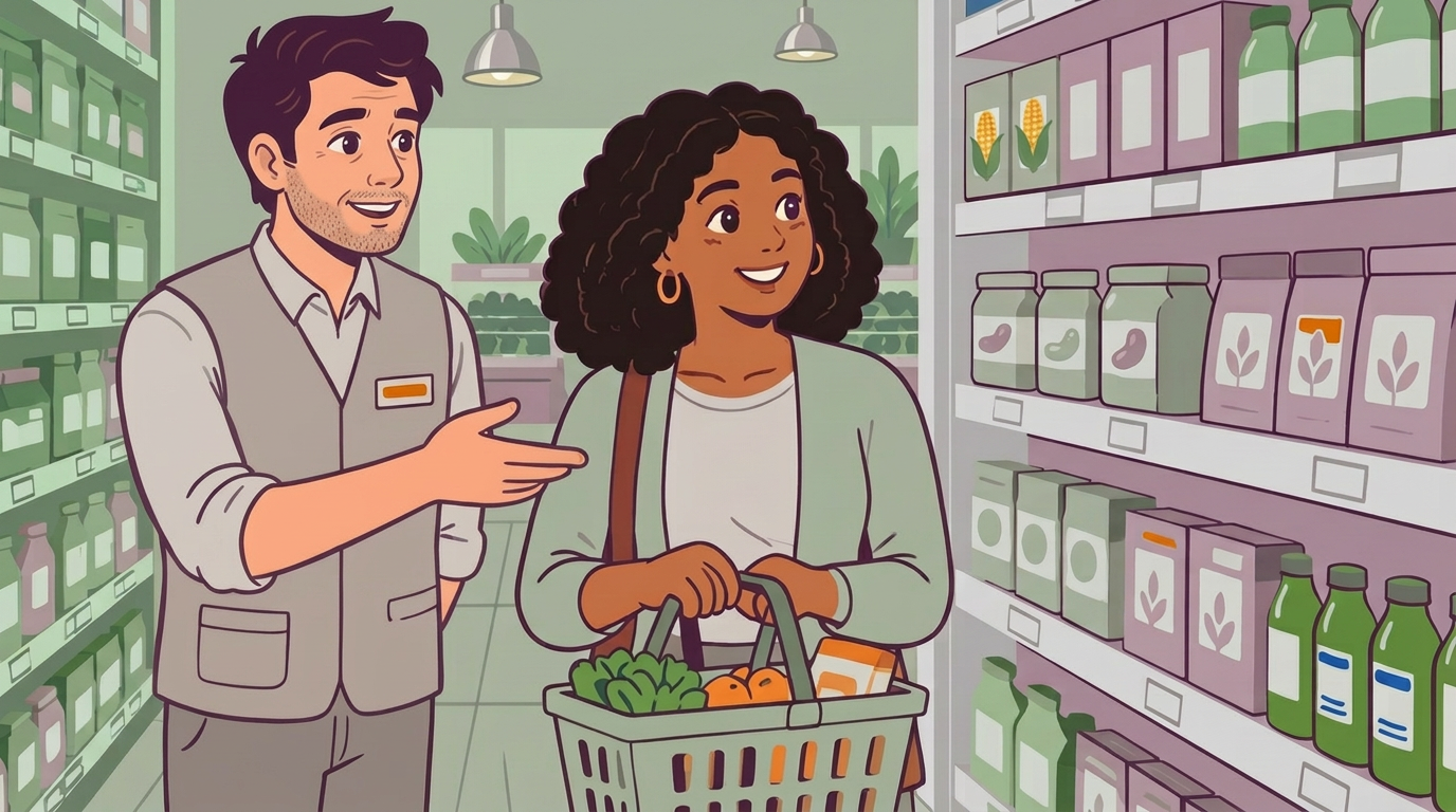 PlayToWork scene: serving a customer at a shop counter