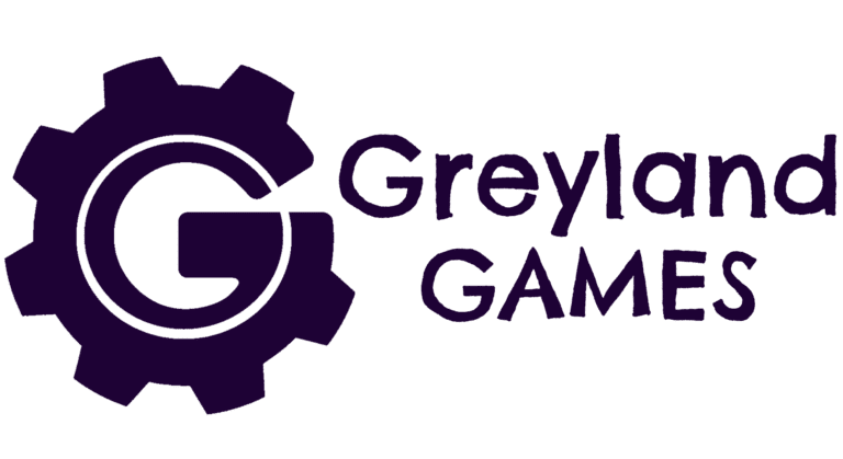 Greyland Games Purple logo. G looks like a gear or cog. Text is styled and handwritten like.