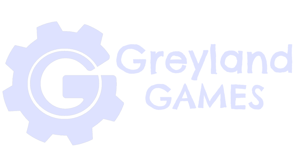 Greyland Games white logo. G looks like a gear or cog. Text is styled and handwritten like.