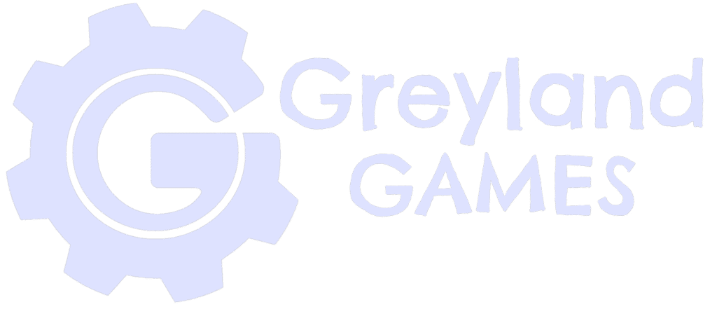 Greyland Games white logo. G looks like a gear or cog. Text is styled and handwritten like.