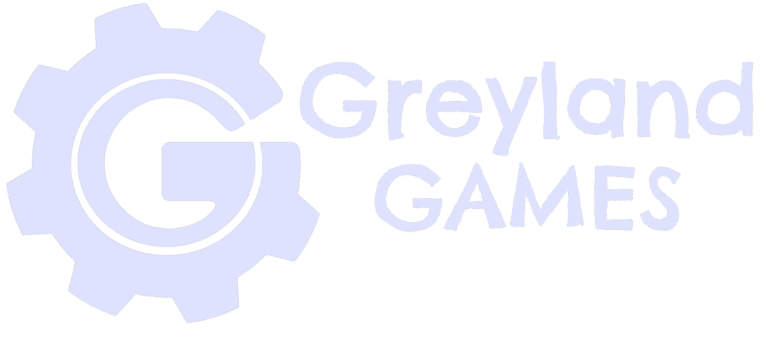 Greyland Games white logo. G looks like a gear or cog. Text is styled and handwritten like.